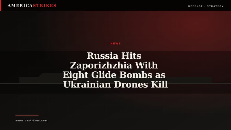 Stylized editorial map showing glide-bomb attacks on Zaporizhzhia and Ukrainian drone strikes across the Black Sea region.