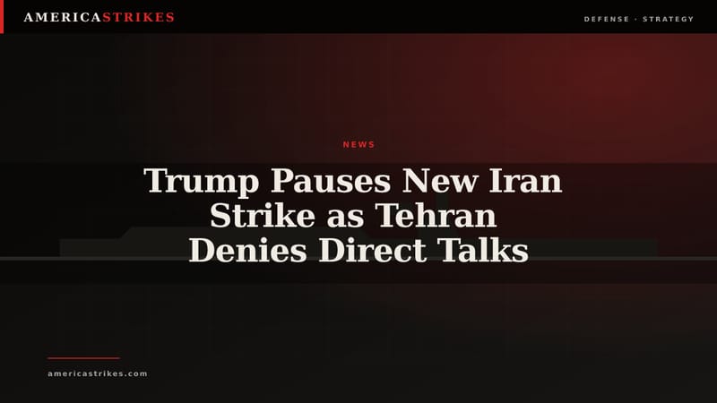 Editorial graphic showing two negotiating tables separated by a broken line after a paused U.S. strike on Iran.