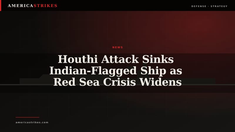Editorial map graphic showing a damaged cargo ship in the Red Sea and separate shipping pressure near the Strait of Hormuz.