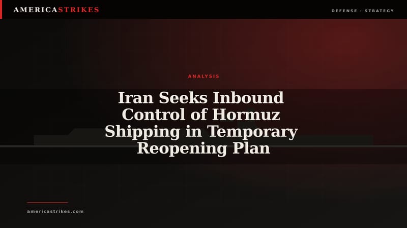 Editorial diagram of inbound and outbound shipping lanes through the Strait of Hormuz with Iran and Oman controlling opposite sides.