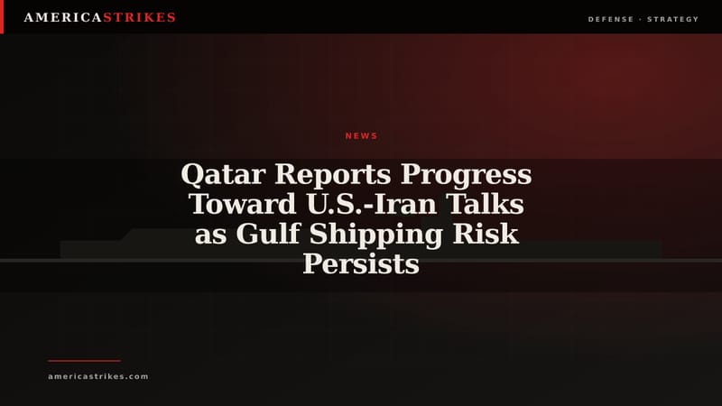Editorial map graphic showing mediation links between Qatar, the United States and Iran beside the Strait of Hormuz.