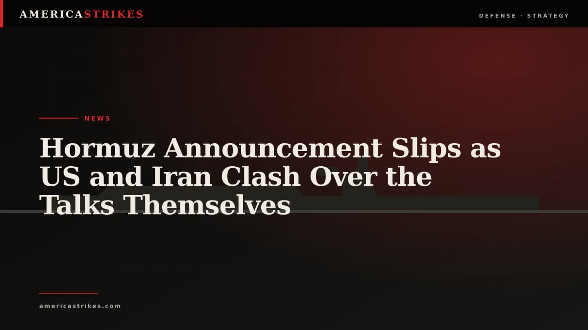 Editorial graphic of a stalled negotiation over the Strait of Hormuz with two sides giving opposing accounts.