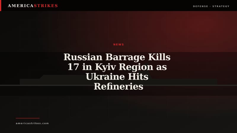Editorial graphic marking a mass Russian strike on the Kyiv region alongside Ukrainian deep strikes on Russian refineries.