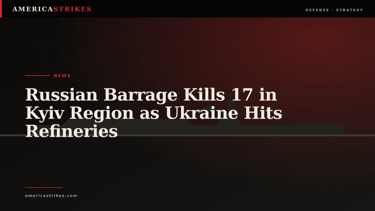 Editorial graphic marking a mass Russian strike on the Kyiv region alongside Ukrainian deep strikes on Russian refineries.