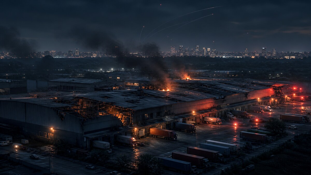 Aerial editorial illustration of damaged commercial warehouses and logistics infrastructure near Kyiv at night